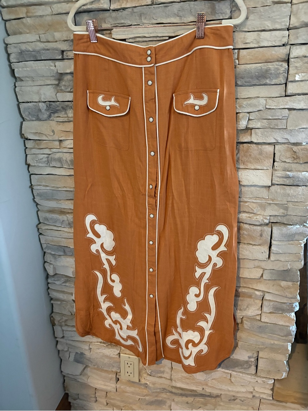 NWT, Size L Lucky & Blessed Camel Brown Maxi Skirt with Cream Appliqué